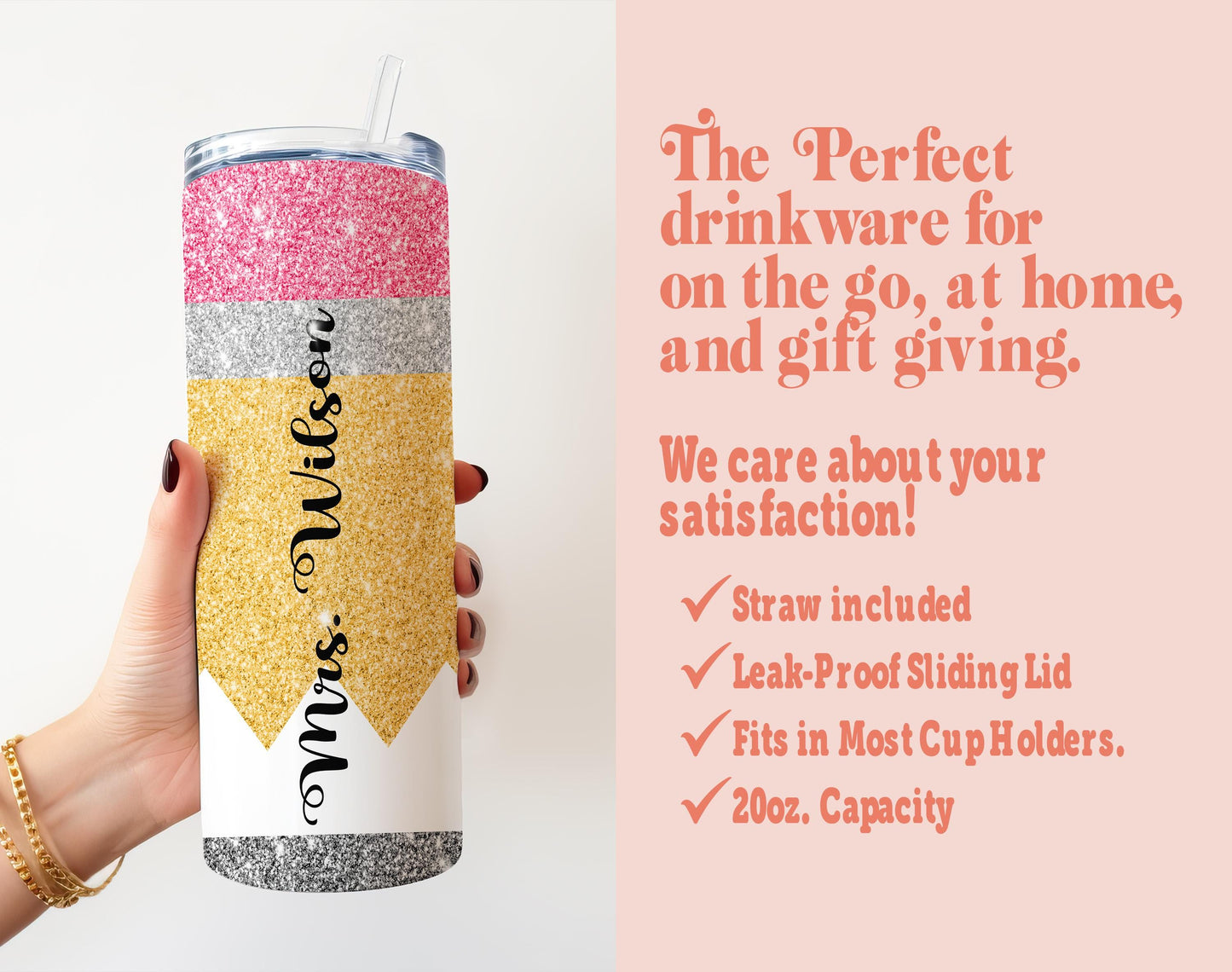 a woman holding a tumbler with a message on it