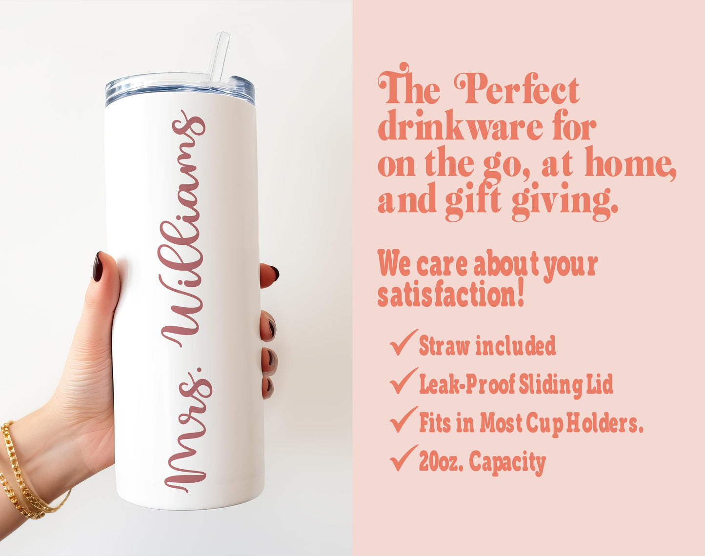 a woman holding a white tumbler with the words, the perfect drinkware for