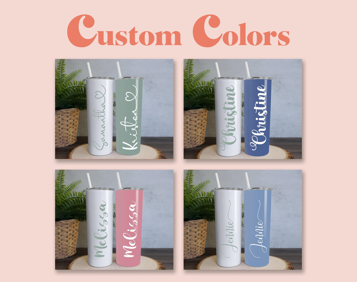 four personalized tumbles with the names of different colors