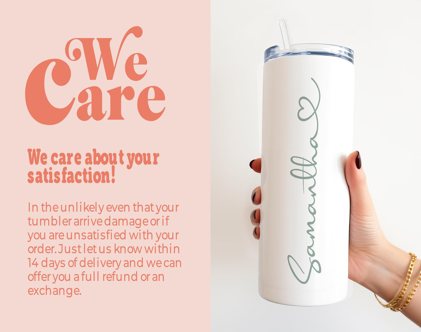 a woman holding a white tumbler with a message on it