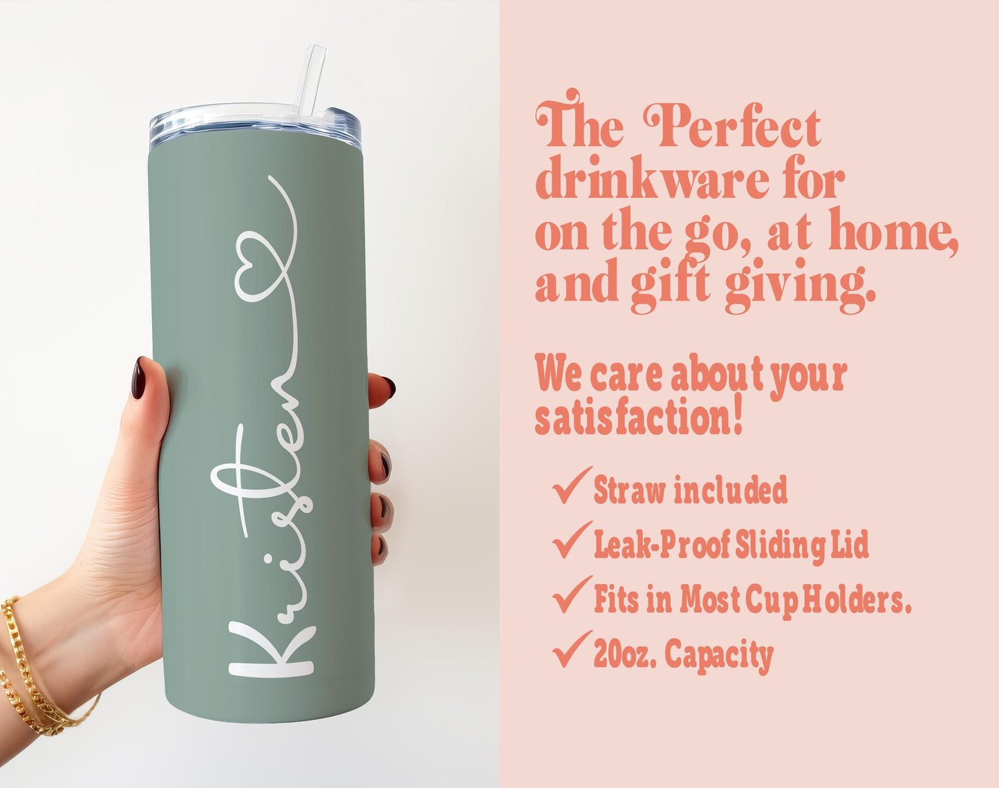 a woman holding a green tumbler cup with the words, the perfect drinkware