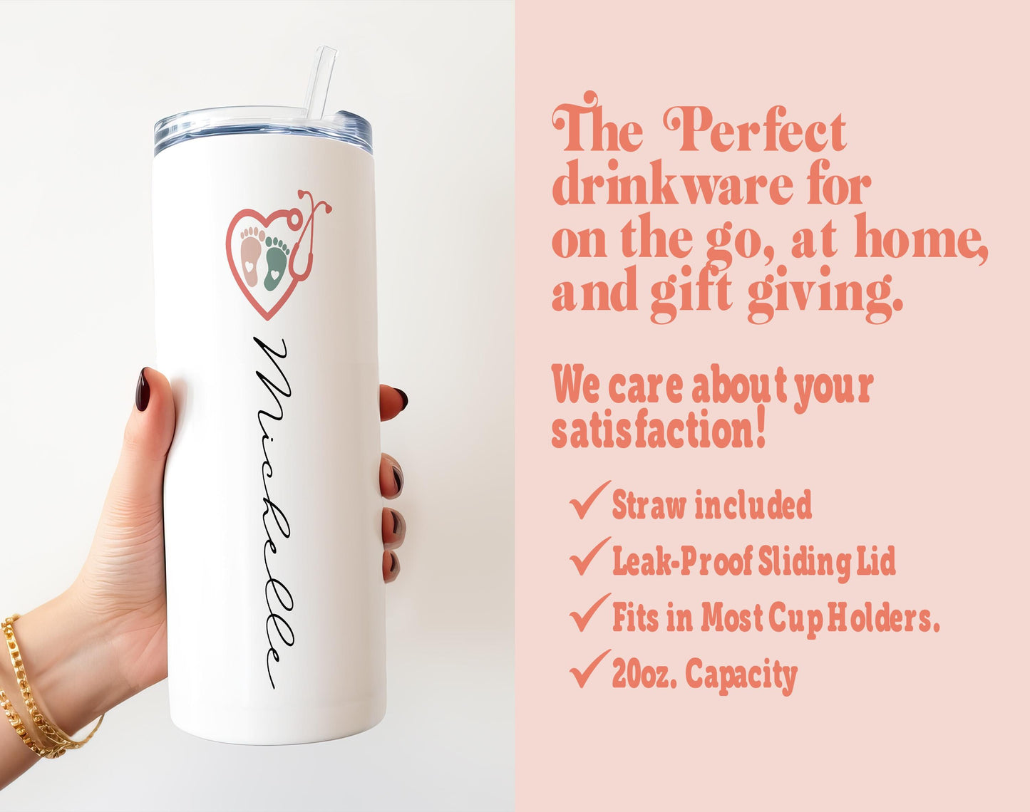 a woman holding a white tumbler with a pink background