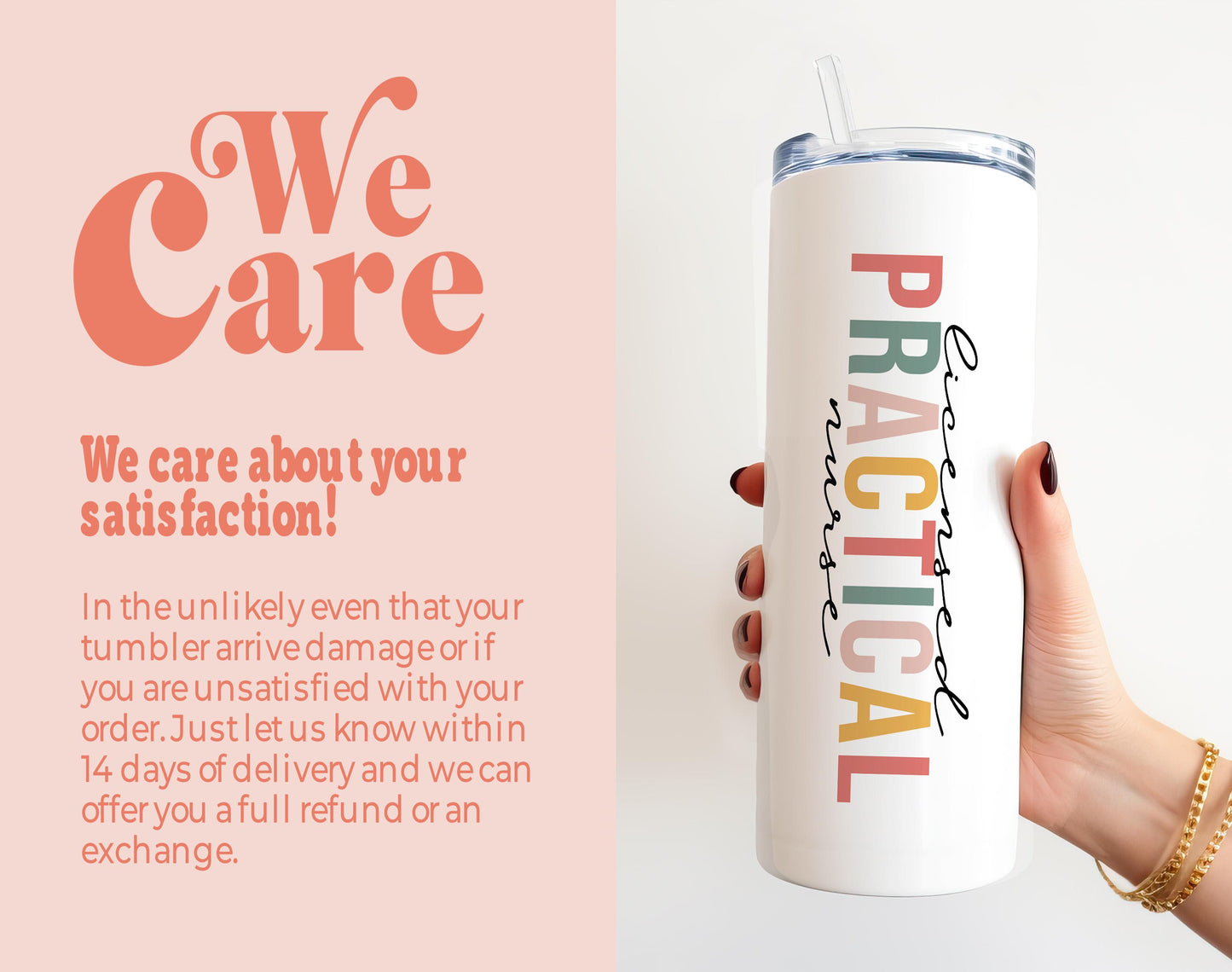 a person holding a white tumbler with a pink background