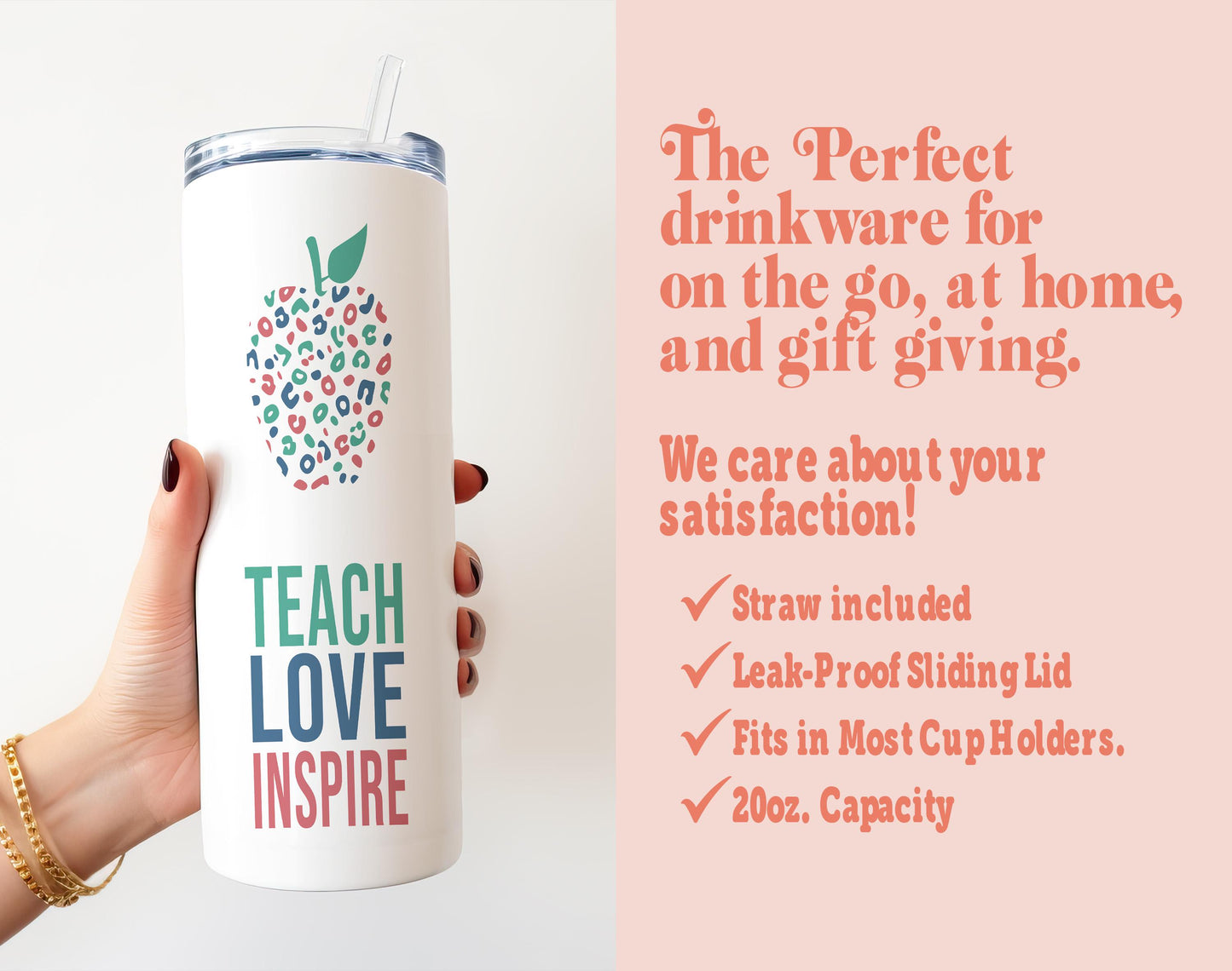 a woman holding a white tumbler cup with the words teach love inspire on it