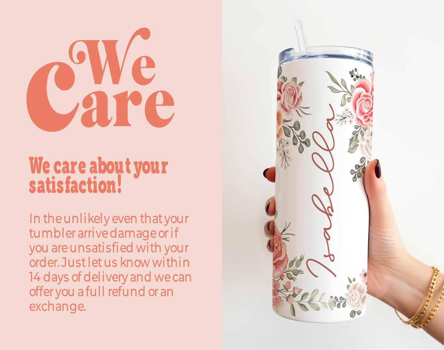 a woman holding a white tumbler with a pink background