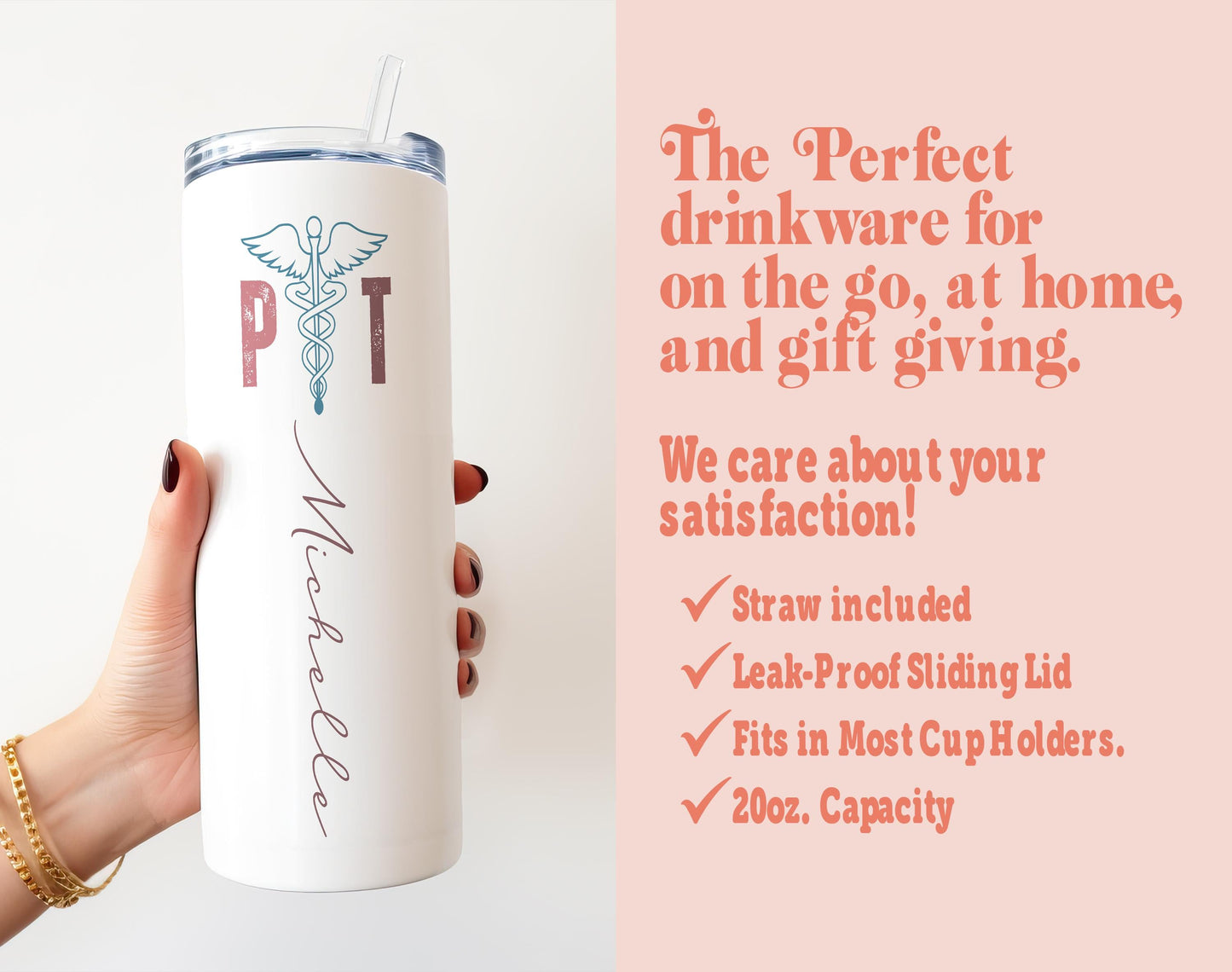 a person holding a white tumbler with a pink background