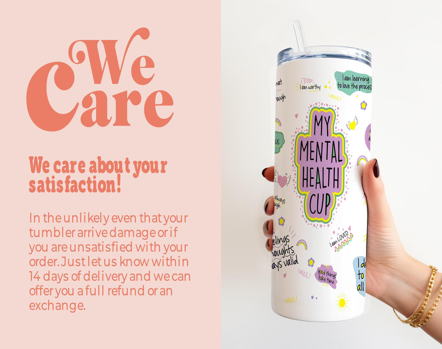 a woman holding a travel mug with a message on it