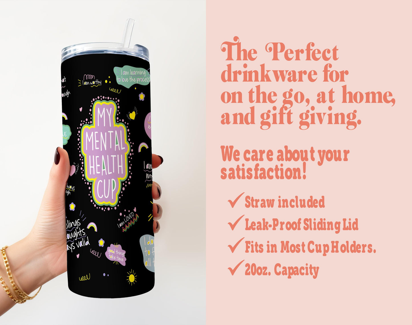 a woman holding a black tumbler cup with the words the perfect drinkware for