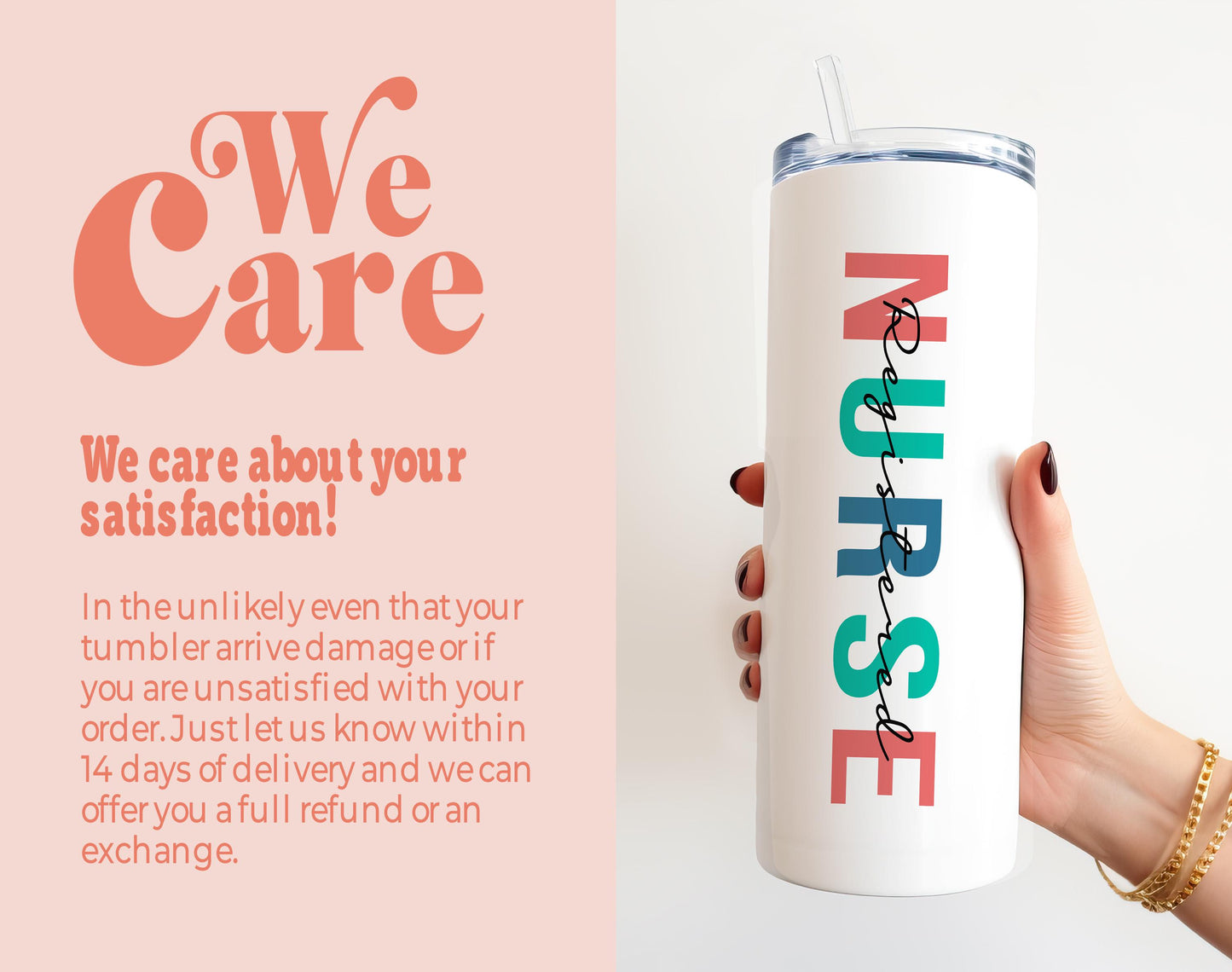 a woman holding a white tumbler with the words we care on it