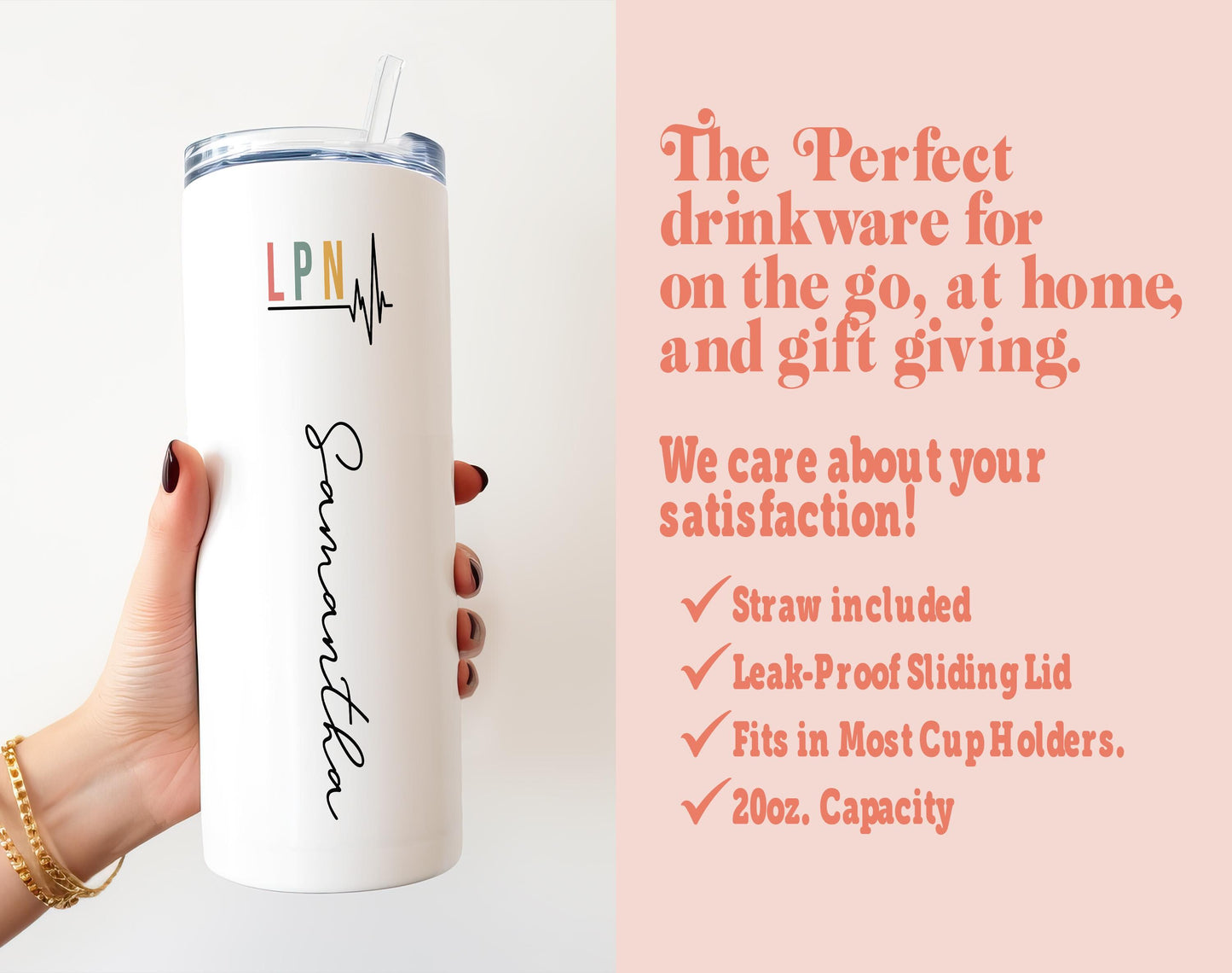 a person holding a white tumbler with a pink background