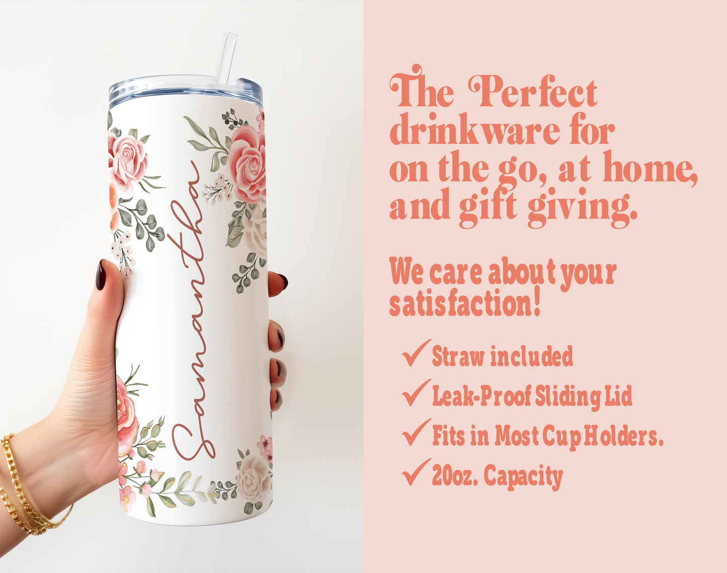 a woman holding a white tumbler with pink flowers on it