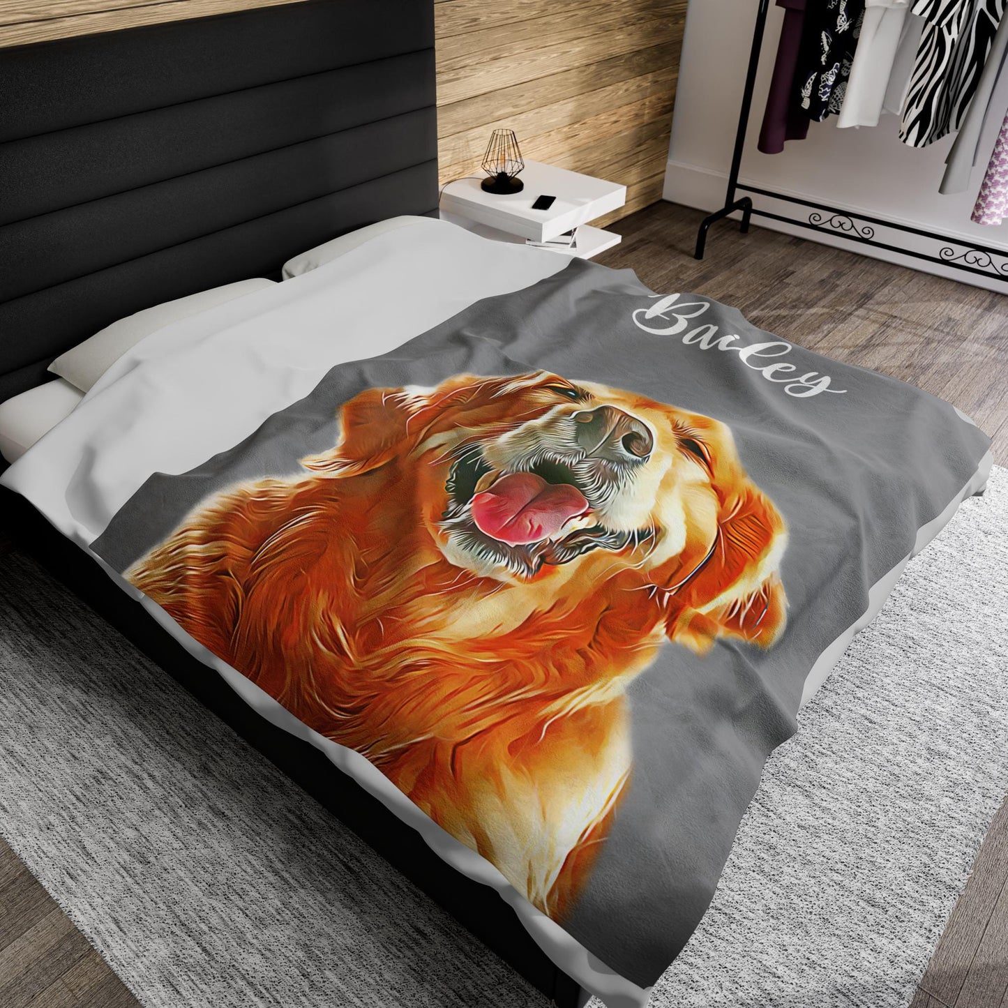 a bed with a picture of a golden retriever on it