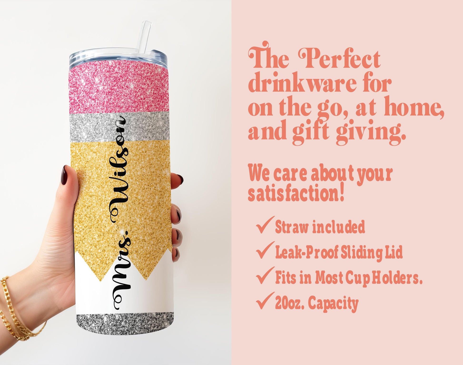 a woman holding a tumbler with a message on it