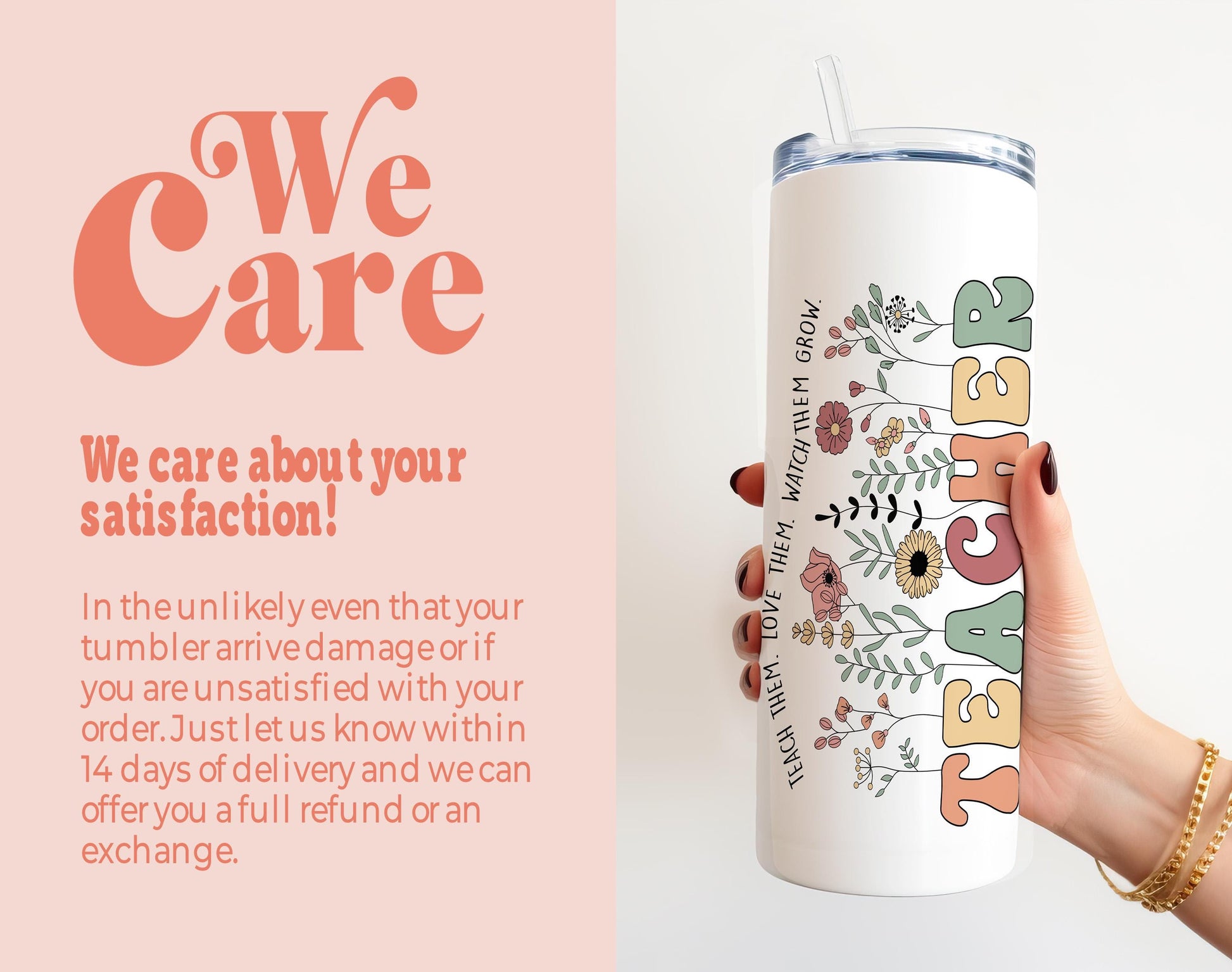 a woman holding up a white tumbler with the words we care on it