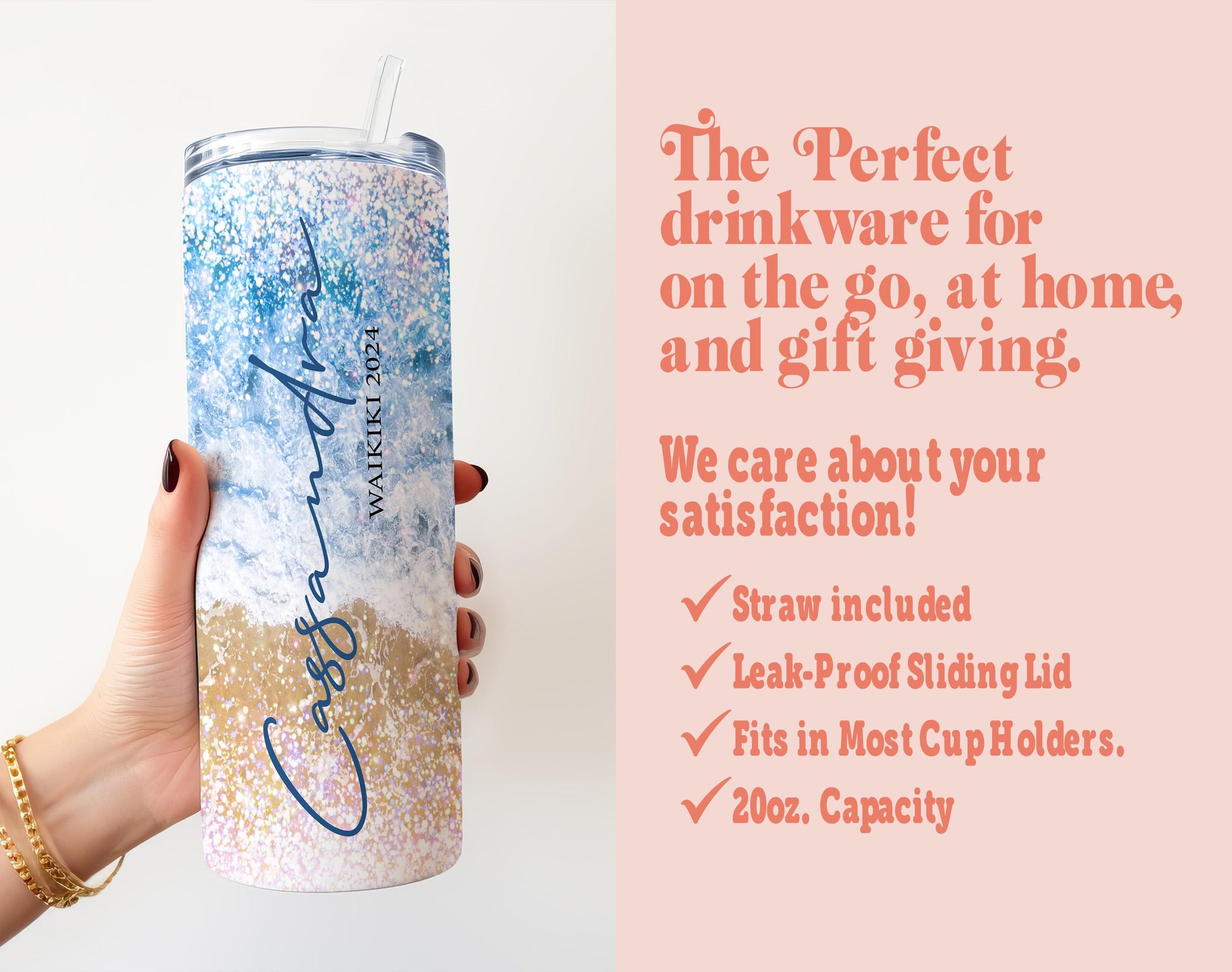 a woman holding a drink with a message on it