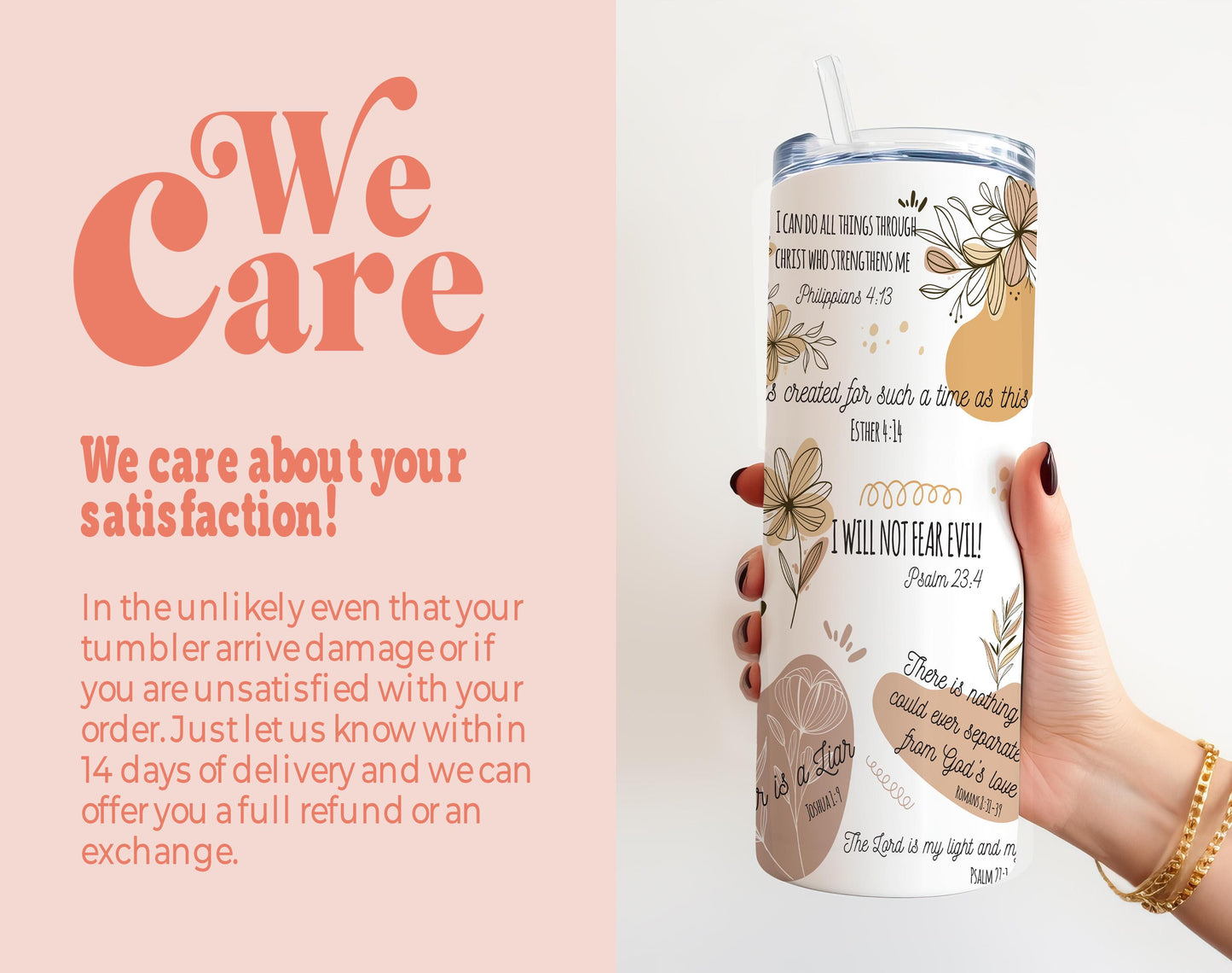 a woman holding up a tumbler with a message on it