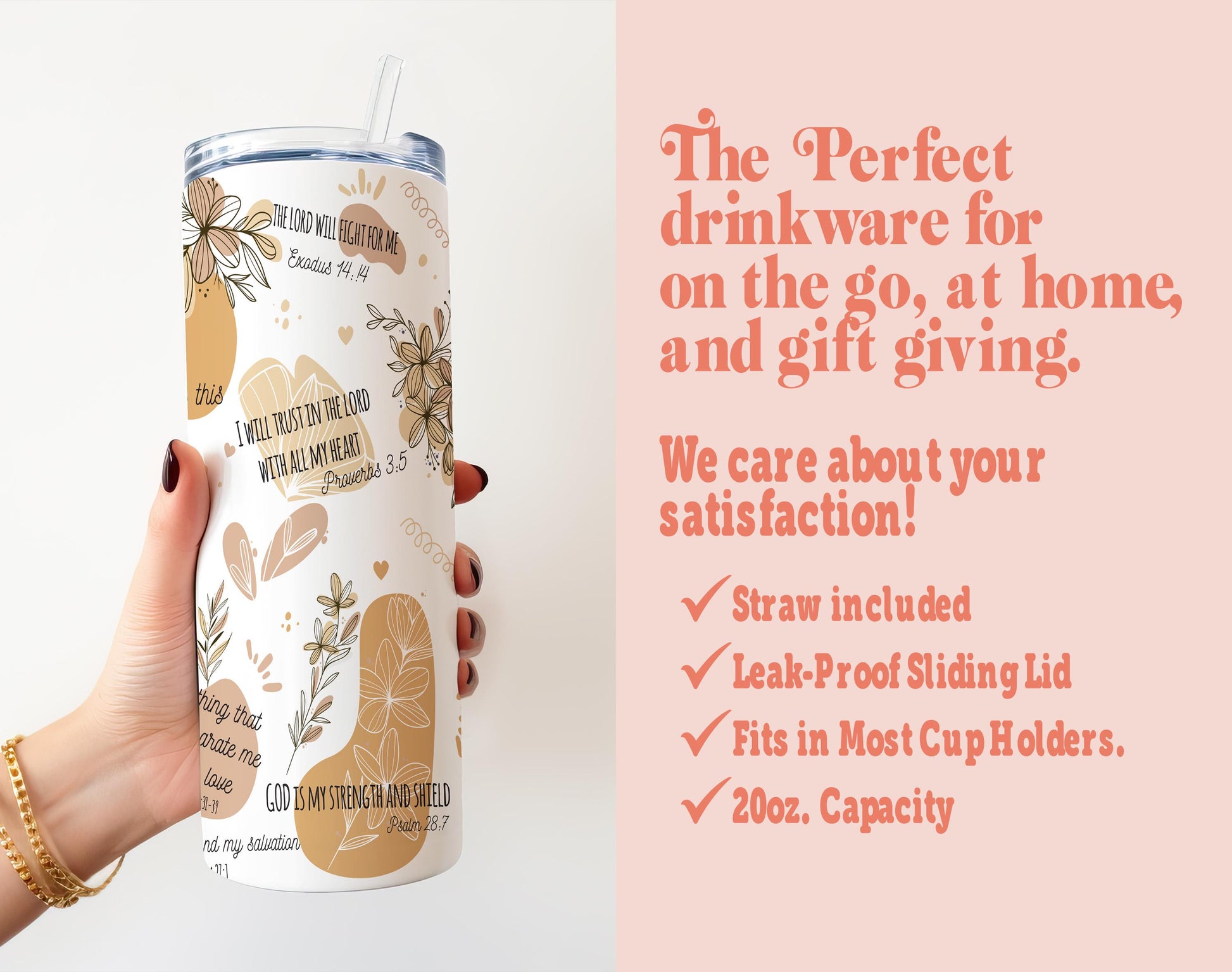 a woman holding a tumbler with the words the perfect drinkware for on the