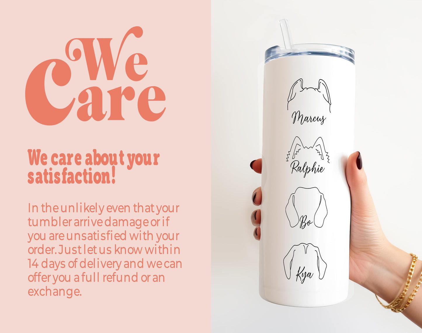 a woman holding a white tumbler with a drawing of dogs on it