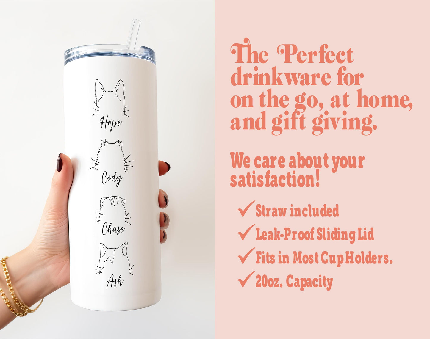 a woman holding a white tumbler with cats drawn on it