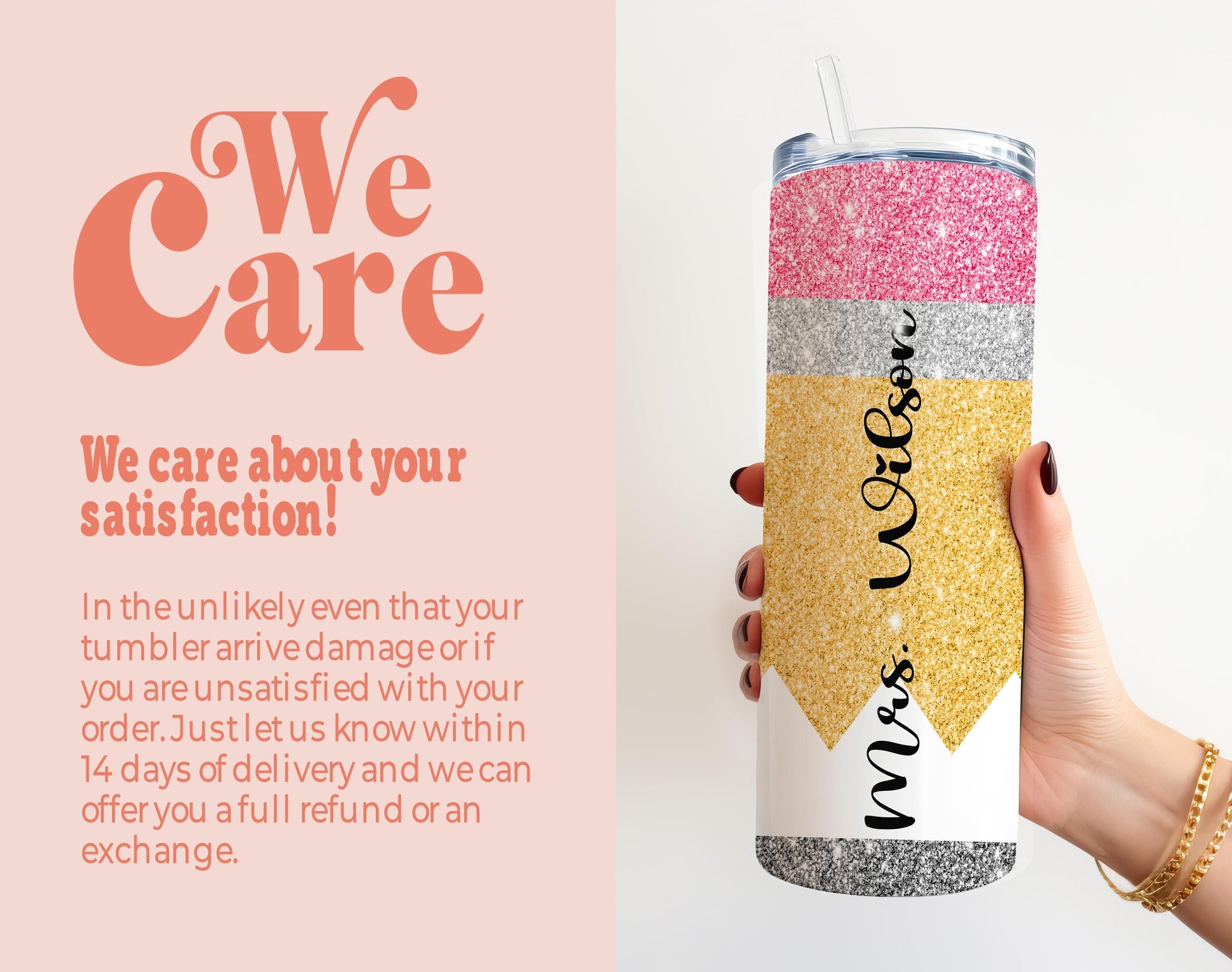 a woman holding a pink and gold glitter tumbler