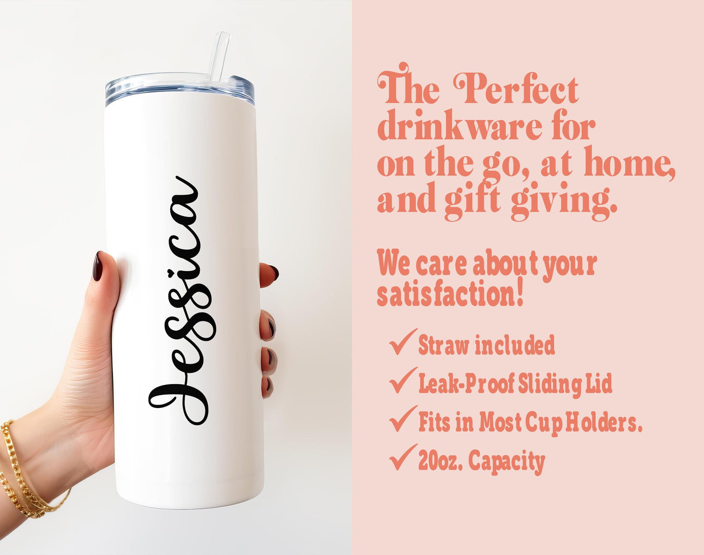 a woman holding a white tumbler with the words, the perfect drinkware for