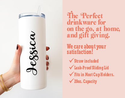 a woman holding a white tumbler with the words, the perfect drinkware for
