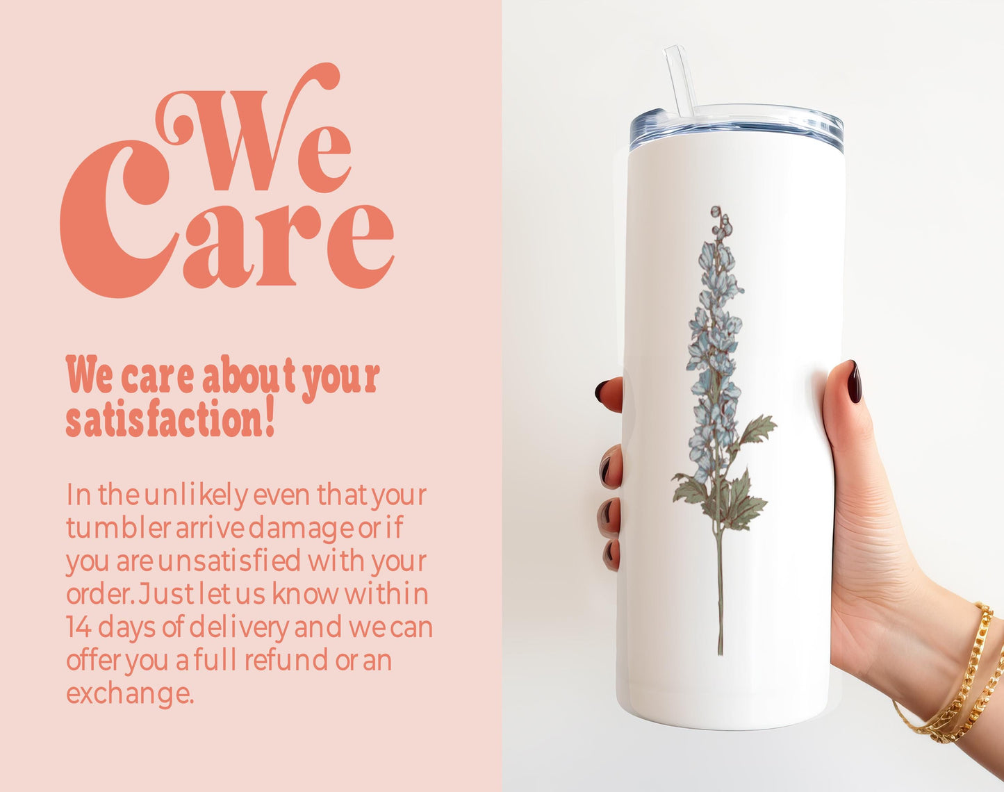 a woman holding a white tumbler with a picture of a lavender plant on it