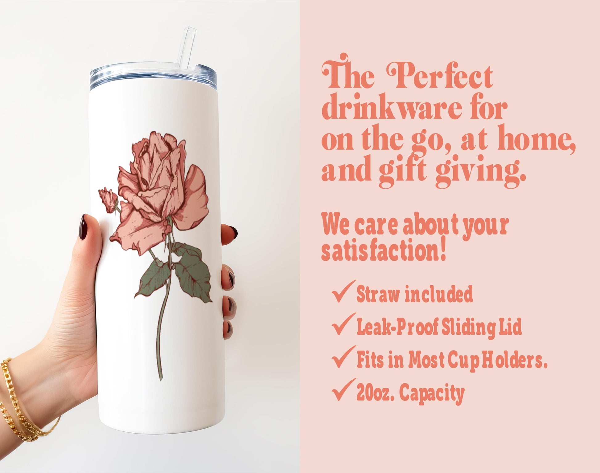 a woman holding a white tumbler with a rose on it