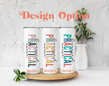 three personalized tumbles sitting on a plate next to a potted plant