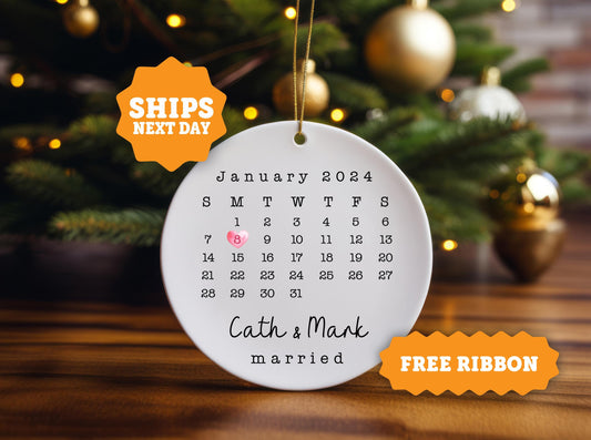 Married Ornament, Personalized for Married Ornament, Wedding Date ornament, Heart Calendar, Anniversary Gift, Wedding Gift - OD 4